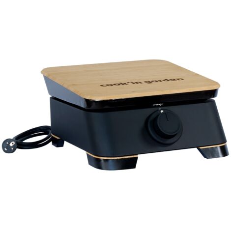 MF - Plancha Eléctrica DUNE 40 - 2500 W - Hierro Fundido Esmaltado - Termostato 5 Posiciones - Tapa Tabla de Cortar Bambú - 6 Comensales