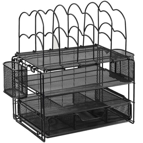 MF Schreibtisch-Organizer Stabiles Metallgestell Doppelablage + 5 vertikale Fächer + Schublade Schwarz oder Gold 325 x 230 x 440 mm Optimale Aufbewahrung für Stifte, Ordner und Büromaterial