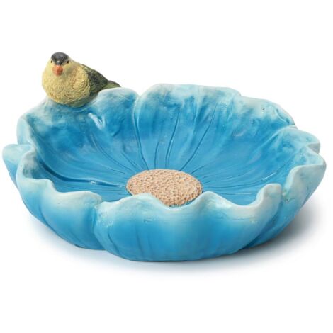 MGO Vogelbad oder Vogeltränke mit blauer Blütenform und Vogel, 39,5x37x16 cm, ideal für Garten und Außenbereich