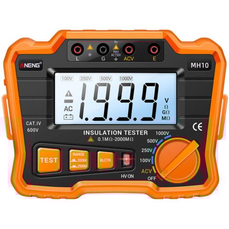 MH10 Testeur de résistance d'isolement numérique 0,1 MΩ-2000 MΩ Mégohmmètre rétroéclairé LCD Tension de sortie 100/ 250/ 500/ 1000 V Mètre de résistance isolé AC 750 V avec sac à fermeture éclair (Ora