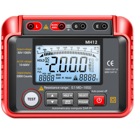 MH12 1000V Red Insulation Tester (Battery Not Included)