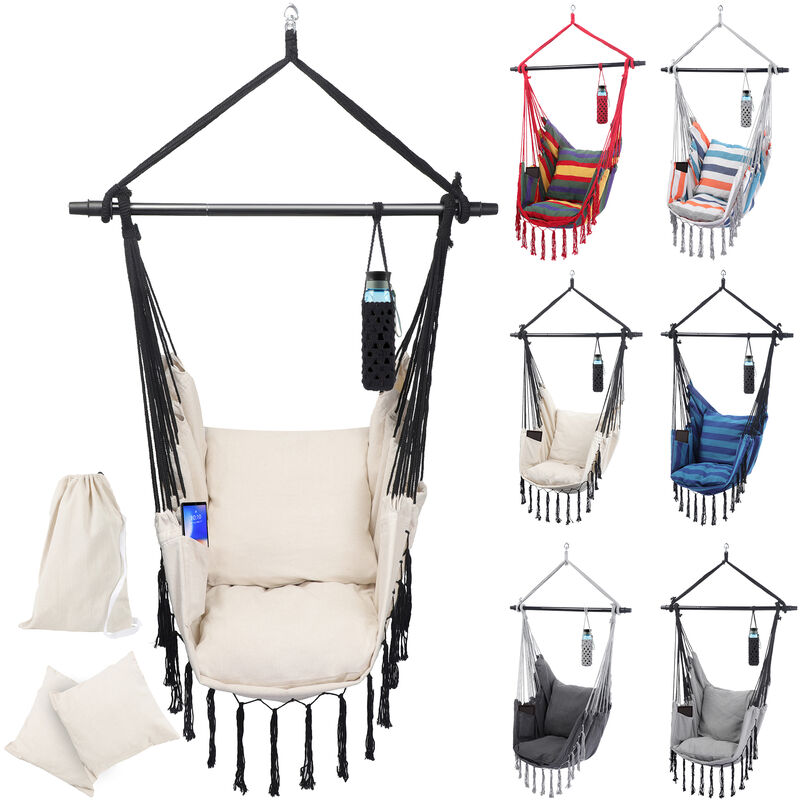 chaise hamac - coussins en coton amovibles, barre en acier, max 150 kg, beige - fauteuil suspendu, siège balançoire, balancelle pour jardin, salon,