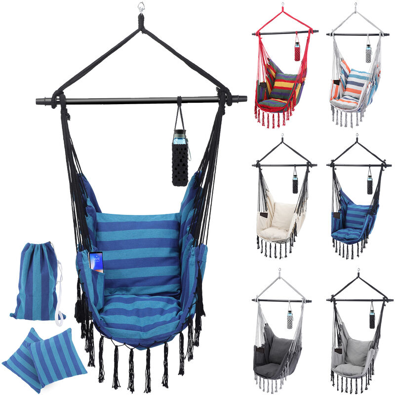 chaise hamac - coussins en coton amovibles, barre en acier, max 150 kg, bleu - fauteuil suspendu, siège balançoire, balancelle pour jardin, salon,