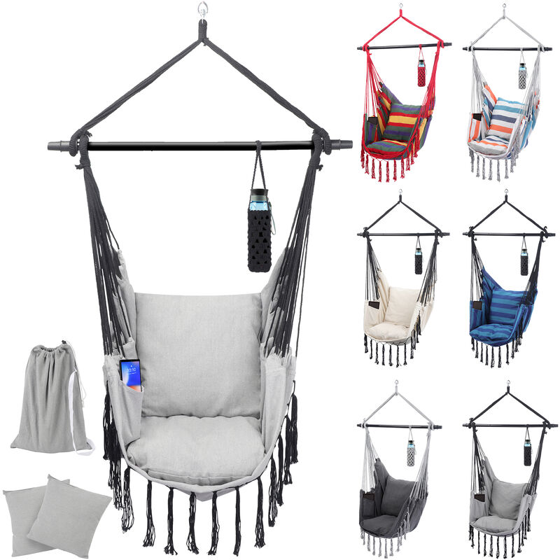 miadomodo® chaise hamac - coussins en coton amovibles, barre en acier, max 150 kg, gris clair - fauteuil suspendu, siège balançoire, balancelle pour