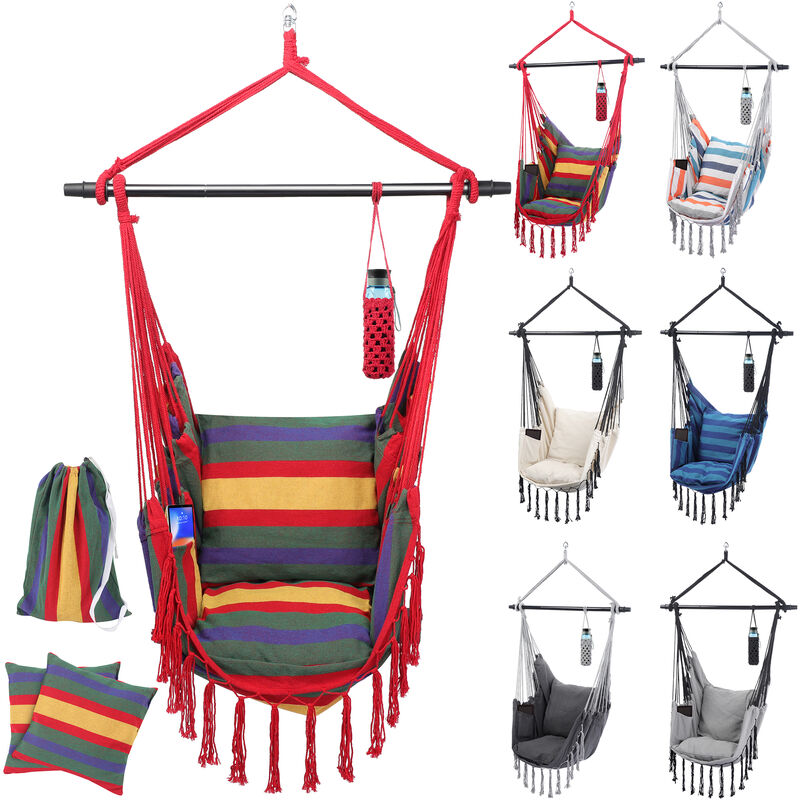 chaise hamac - coussins en coton amovibles, barre en acier, max 150 kg, multicolore - fauteuil suspendu, siège balançoire, balancelle pour jardin,