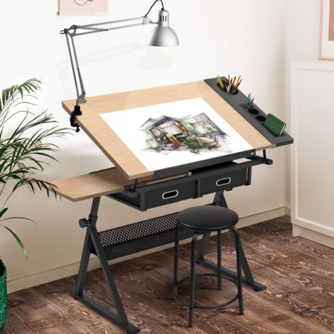 ECOMSOF MIADOMODO® Mesa de Dibujo - Reclinable, con Taburete, Ruedas, 2 Cajones - Escritorio con Cajones, Mesa de Escritorio, Mesa Elevable, Mesa con Ruedas, Tablero Escritorio, Mesa Multifuncional