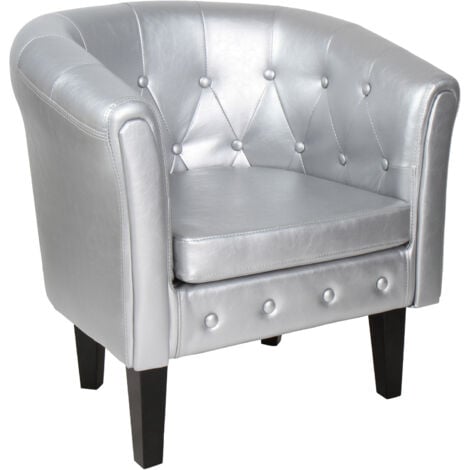NOVA MIADOMODO® Poltrona Chesterfield - Imbottita, in Similpelle e Legno, Trapuntata, Argento - Sedia, Poltrona da Salotto, Soggiorno, Camera da Letto, Club