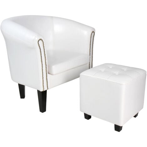 ECOMSOF MIADOMODO® Poltrona con Poggiapiedi Chesterfield - Imbottita, in Similpelle e Legno, Borchie Decorative in Rame, Bianco - Sedia con Pouf, Poltrona da Salotto, Soggiorno, Camera da Letto, Club