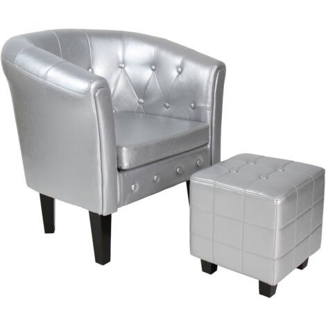 ECOMSOF MIADOMODO® Poltrona con Poggiapiedi Chesterfield - Imbottita, in Similpelle e Legno, Trapuntata, Argento - Sedia con Pouf, Poltrona da Salotto, Soggiorno, Camera da Letto, Club