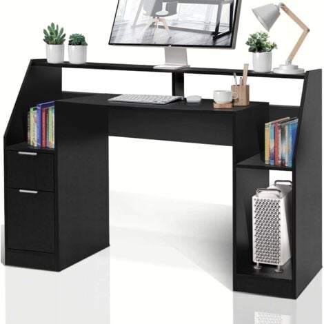 MIADOMODO® Scrivania per PC - 123 x 55 x 90 cm, con Ripiani, Cassetto, Armadietto e Scomparto Aperto, in MDF, Design Moderno, Nero - Tavolo Gaming, da Studio, Postazione di Lavoro, Computer, Ufficio