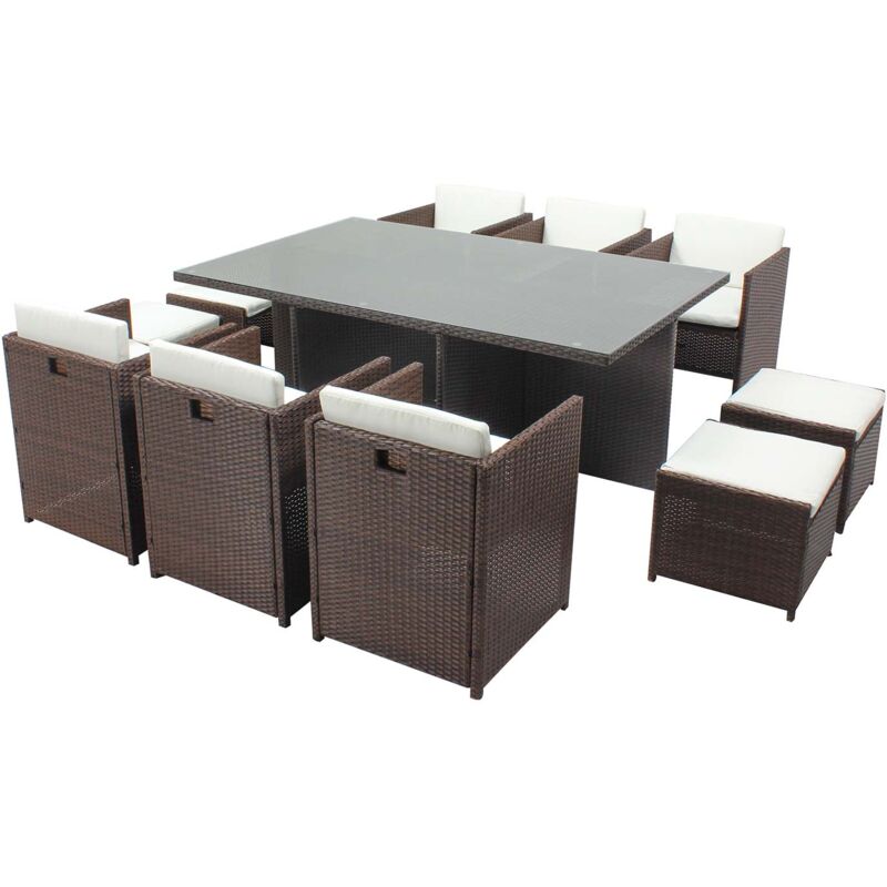 Miami 10 Marron/Blanc : salon encastrable 10 personnes en résine tressée marron poly rotin