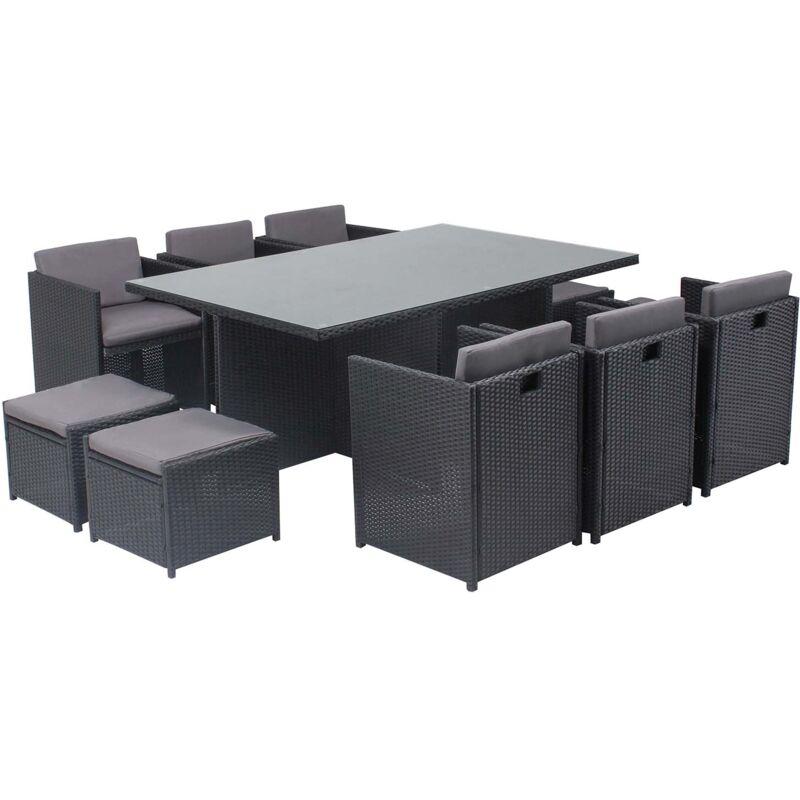 Miami 10 Noir/Gris : salon encastrable 10 personnes en résine tressée noire poly rotin - Noir/Gris
