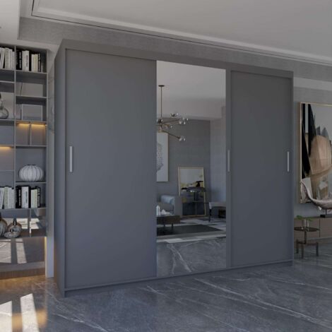 Miami 250cm Sliding Door Wardrobe with Full-Length Mirror & Modern 3-Door Design in Elegent 6 Colors - Grey250cm