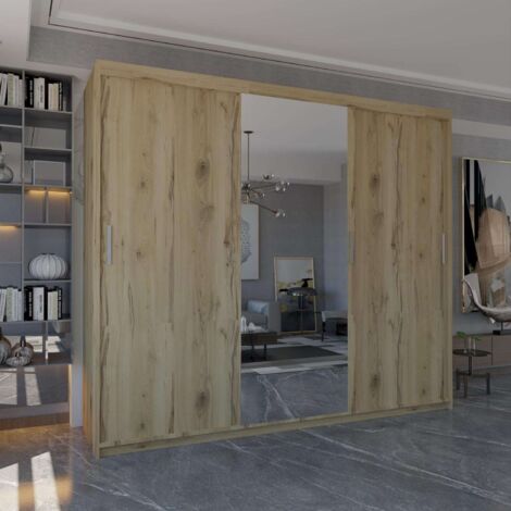 Miami 250cm Sliding Door Wardrobe with Full-Length Mirror & Modern 3-Door Design in Elegent 6 Colors - Oak250cm