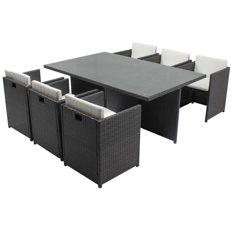 Miami 6 Gris/Blanc : salon encastrable 6 personnes en résine tressée grise poly rotin
