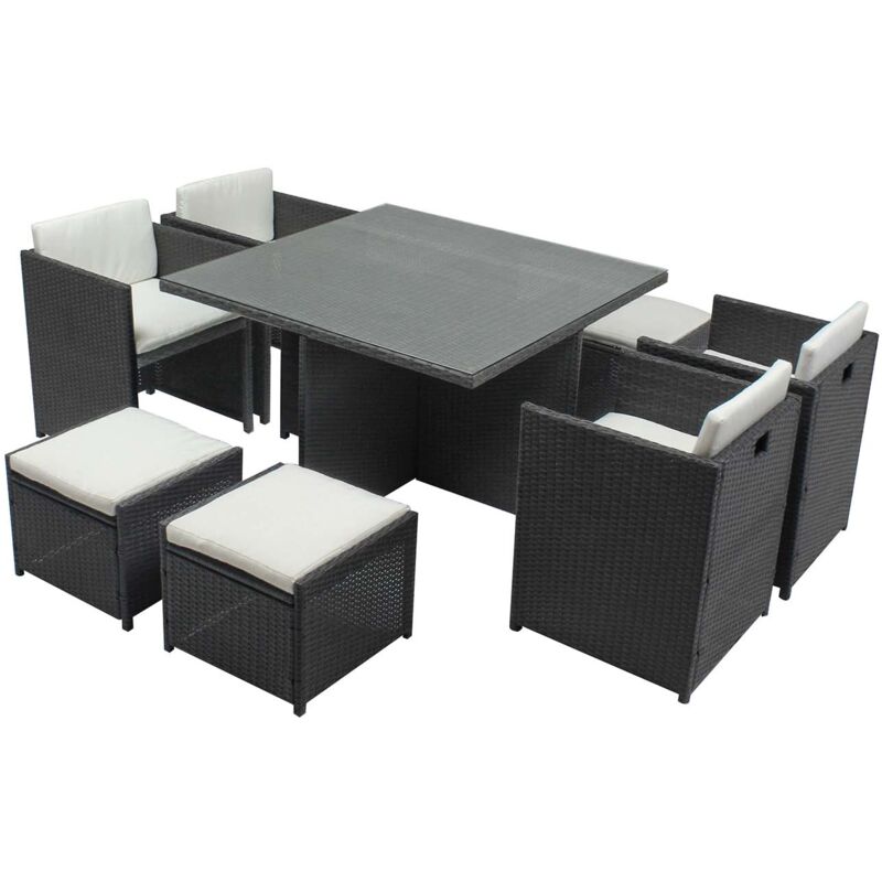 Miami 8 Gris/Blanc : salon encastrable 8 personnes en résine tressée grise poly rotin