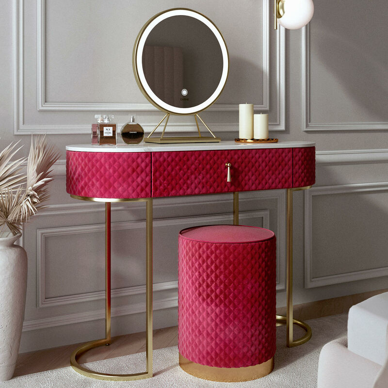 Carme Home - Miami Deco Sexy Raspberry Velvet Dressing Table with LED Touch Sensor Mirror