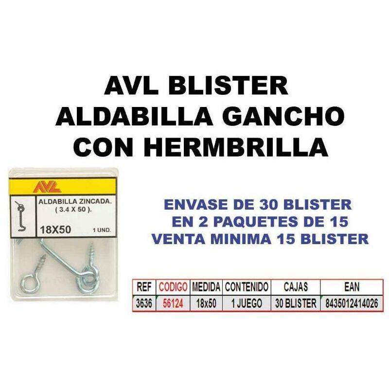 

avl blister aldabilla gancho+hembrilla zincada 3636 (caja 15 unidades) - Mibricotienda