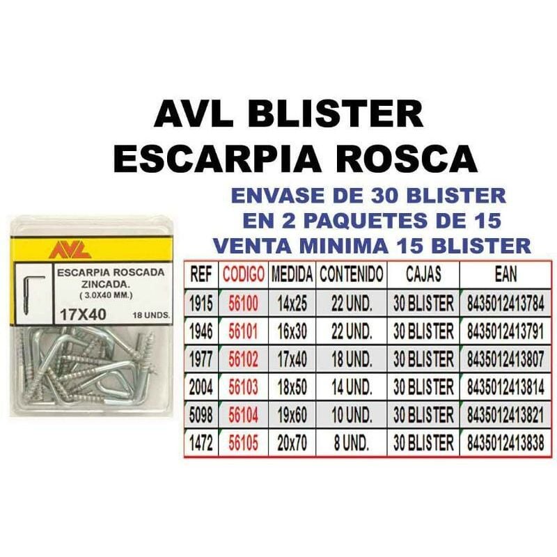 

avl blister escarpia rosca 20x70 zincada 1472 (caja 15 unidades) - Mibricotienda