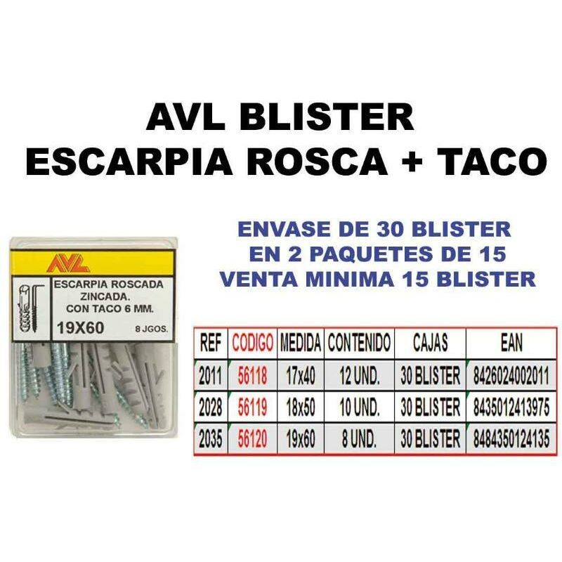 

avl blister escarpia rosca zincada + taco 19x60 2035 (caja 15 unidades) - Mibricotienda