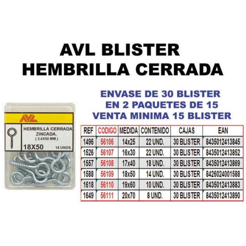 

avl blister hembrilla cerrada 20x70 zincada 1649 (caja 15 unidades) - Mibricotienda