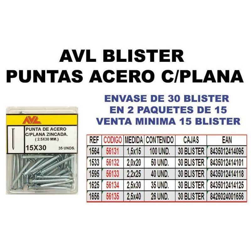 

MIBRICOTIENDA avl blister punta acero 2,5x30 cabeza plana zincada 1625 (caja 15 unidades)