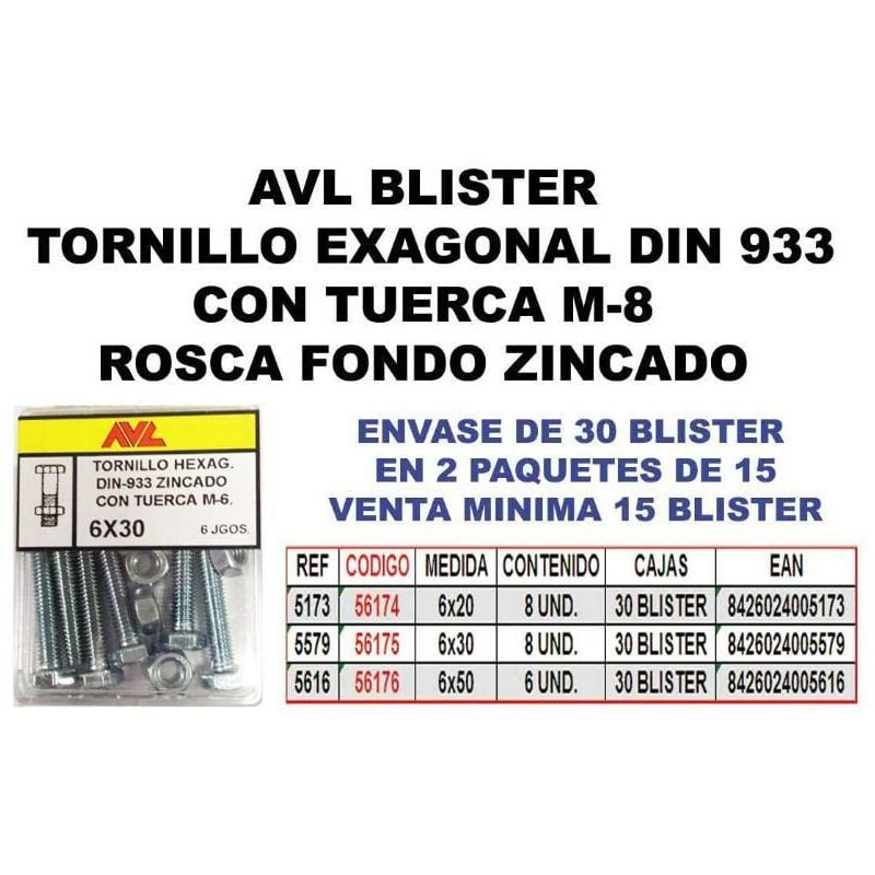 

MIBRICOTIENDA avl blister tornillo exagonal con tuerca 6x50 zincado 5616 (caja 15 unidades)