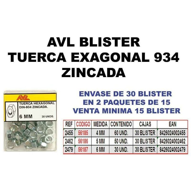 

MIBRICOTIENDA avl blister tuerca exagonal 934 4 mm zincada 2455 (caja 15 unidades)