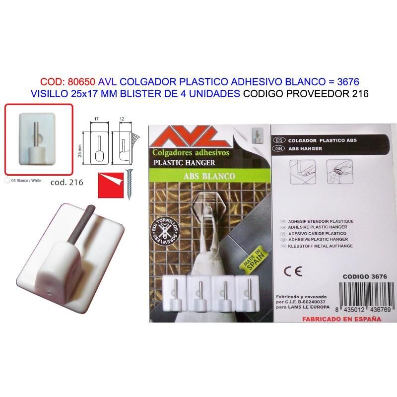 

avl colgador plast.adhesivo bco.visillo 25x17mm bl 4u 3676 (216) - Mibricotienda