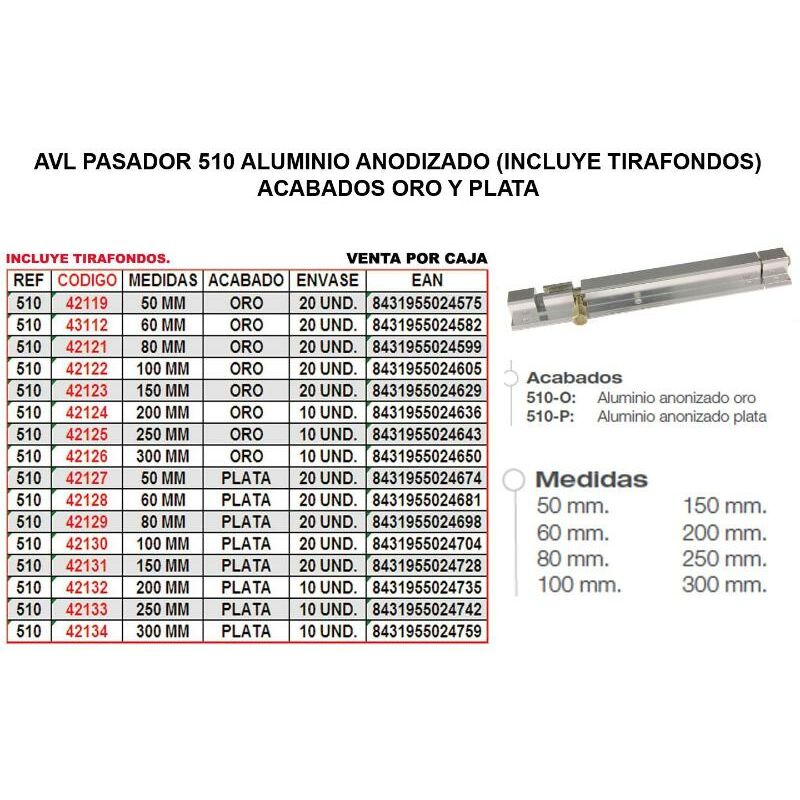 

avl pasador 510 aluminio 150 mm plata - Mibricotienda