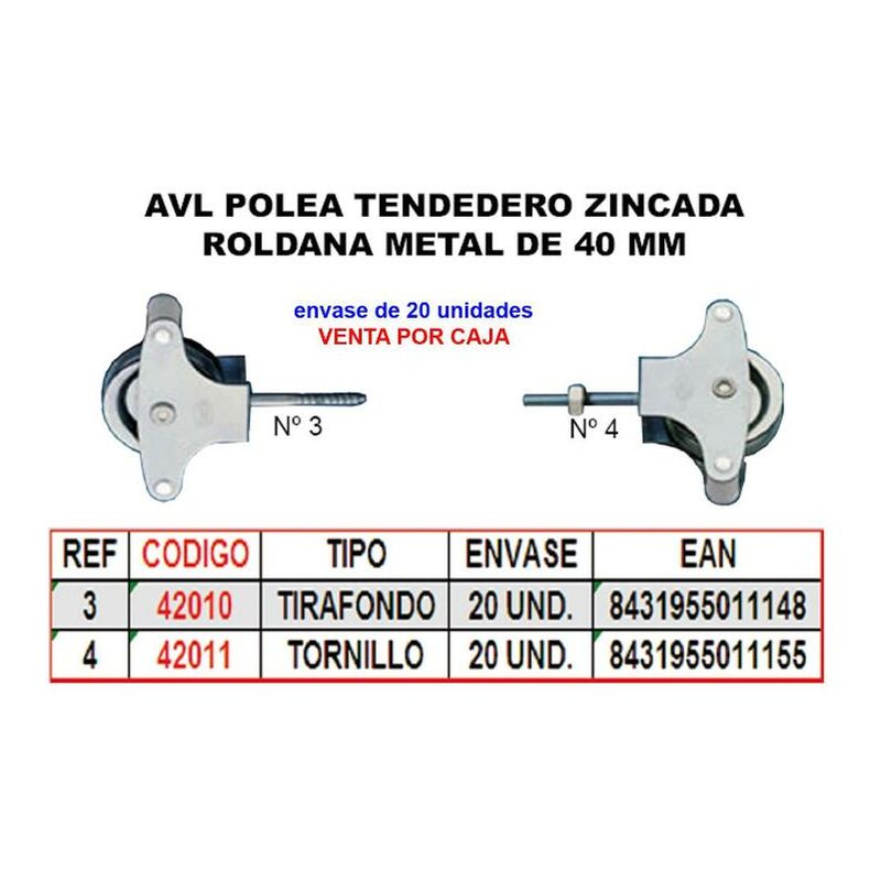 

avl polea tendedero 3 zinc 40mm roldana metal+tirafondo hr055 (caja 25 unidades) - Mibricotienda