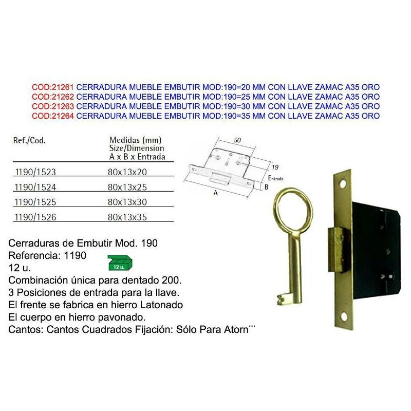 

MIBRICOTIENDA cerradura mueble embutir mod 190 30 mm con llave zamac a35 oro