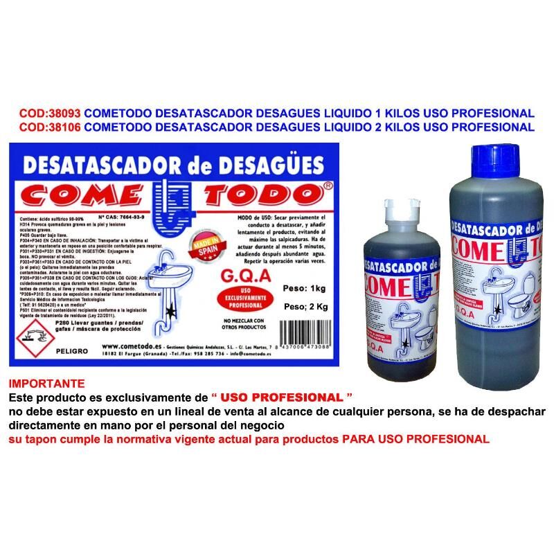 

cometodo desatascador desagues liquido 2 kilos uso profesional - Mibricotienda