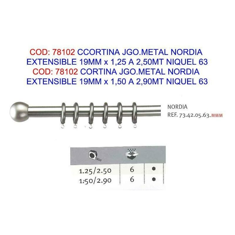 

cortina jgo.metal nordia extensible 19mmx1,50 a 2,90mt niquel 63 - Mibricotienda