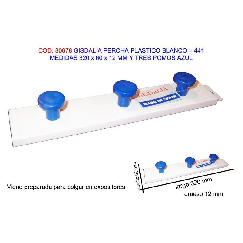 

gisdalia fs percha plastico 320x60x12mm 3 pomos azul 441 - Mibricotienda