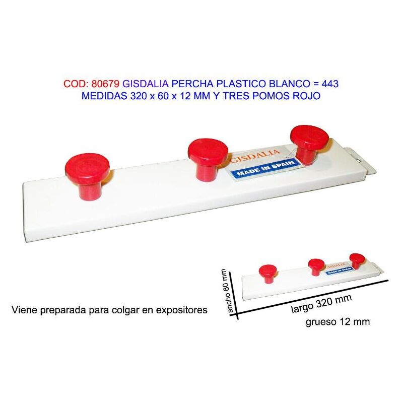 

MIBRICOTIENDA gisdalia fs percha plastico 320x60x12mm 3 pomos rojo 443