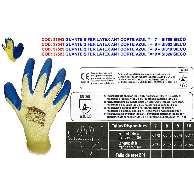 

guante sifer latex anticorte azul t 10 si826 sieco (caja 12 unidades) - Mibricotienda