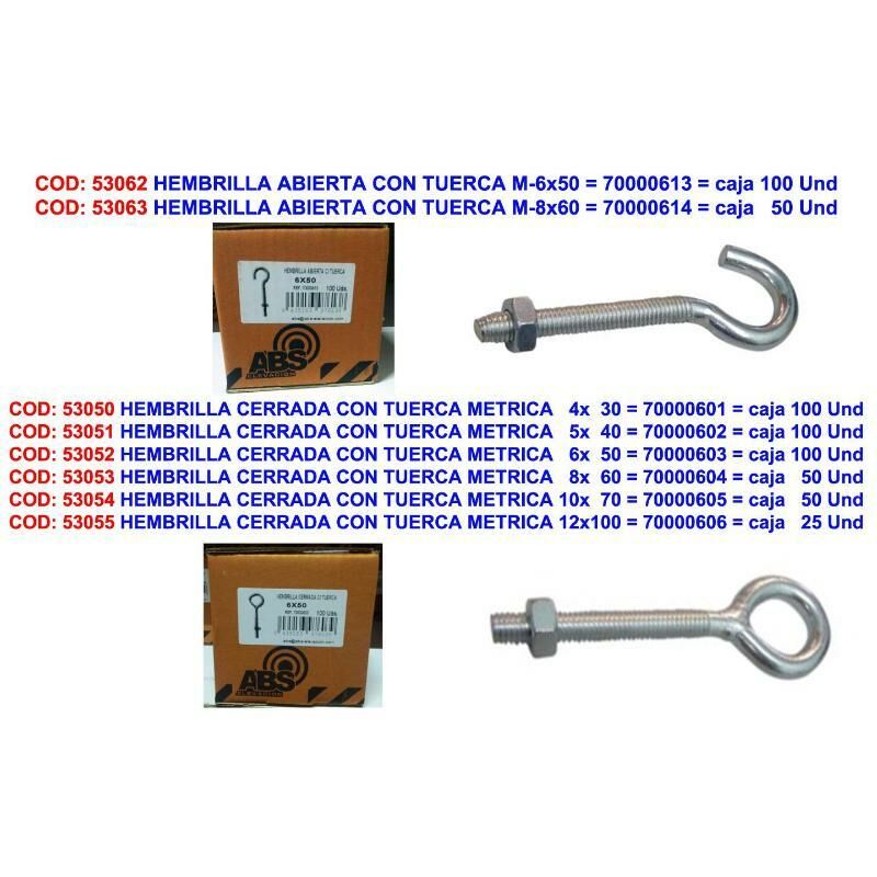 

hembrilla cerrada con tuerca metrica 6x 50 70000603 (caja 100 unidades) - Mibricotienda