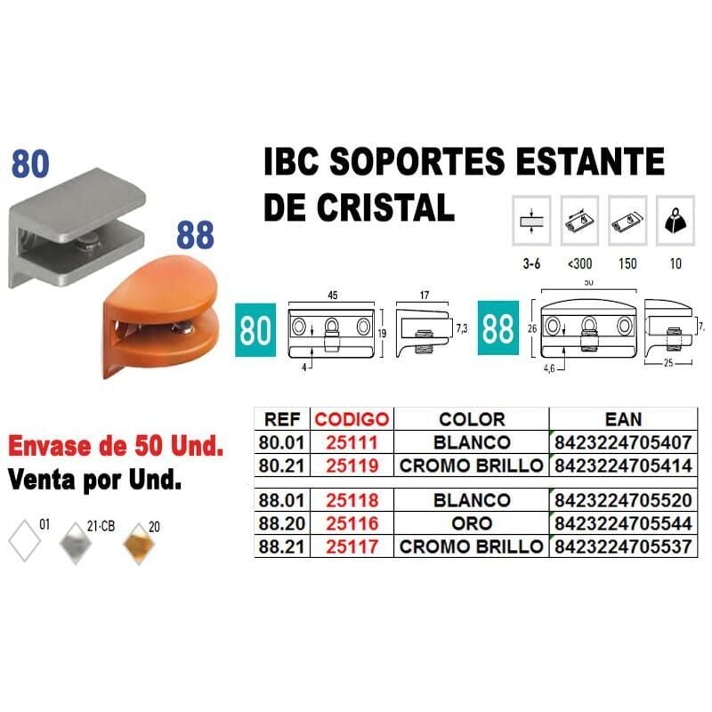 

MIBRICOTIENDA ibc soporte estante cristal ref.88.01 blanco (caja 50 unidades)