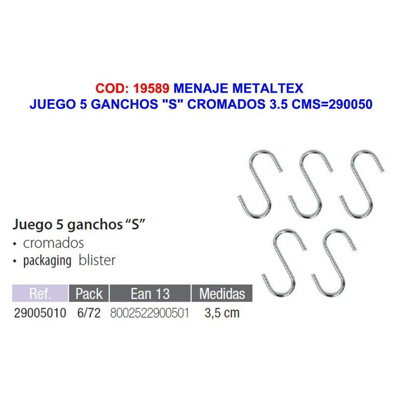 

menaje metaltex juego 5 ganchos s cromados 3.5 cms 290050 - Mibricotienda