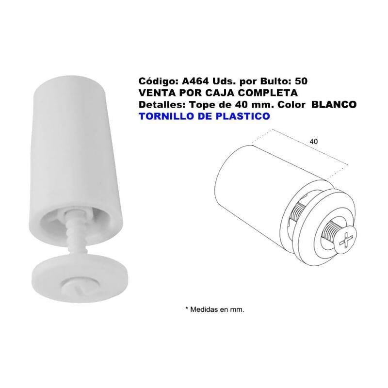 

persiana tope de 40 mm con tornillo plastico color blanco a464 (caja 50 unidades) - Mibricotienda