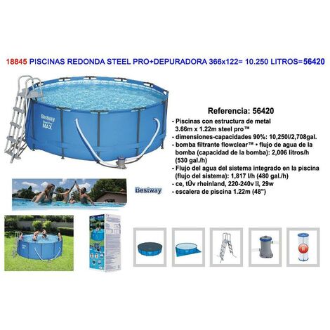 FPLUS Piscina Desmontable Tubular Bestway Steel Pro Max 366x122 cm con Depuradora Cartucho 2.006 L/H Cobertor y Escalera