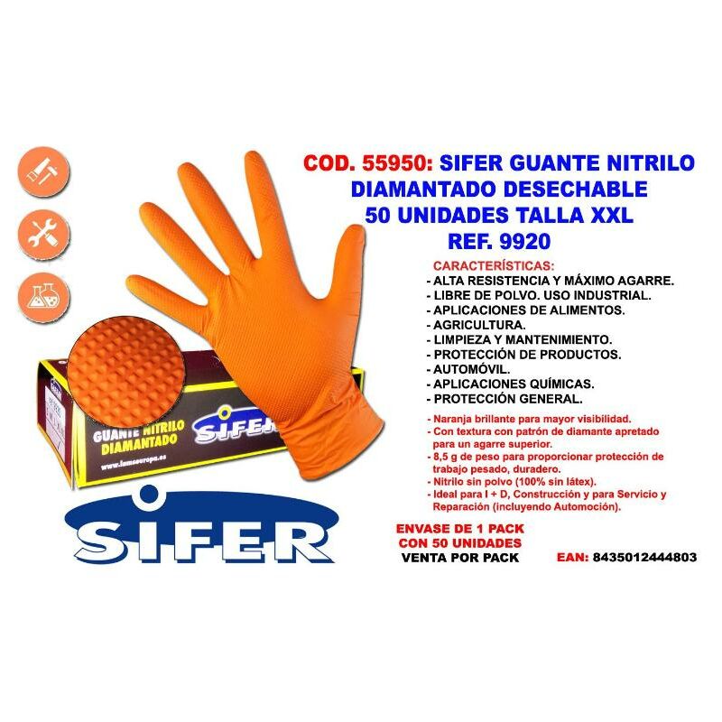 

sifer guante nitrilo grip diamantado reutilizabl 50u t-xxl 9920 - Mibricotienda