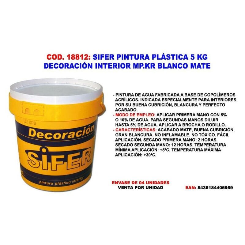 

sifer pintura plastica 5 kg decoracion interio.mp.kr blanco mate - Mibricotienda