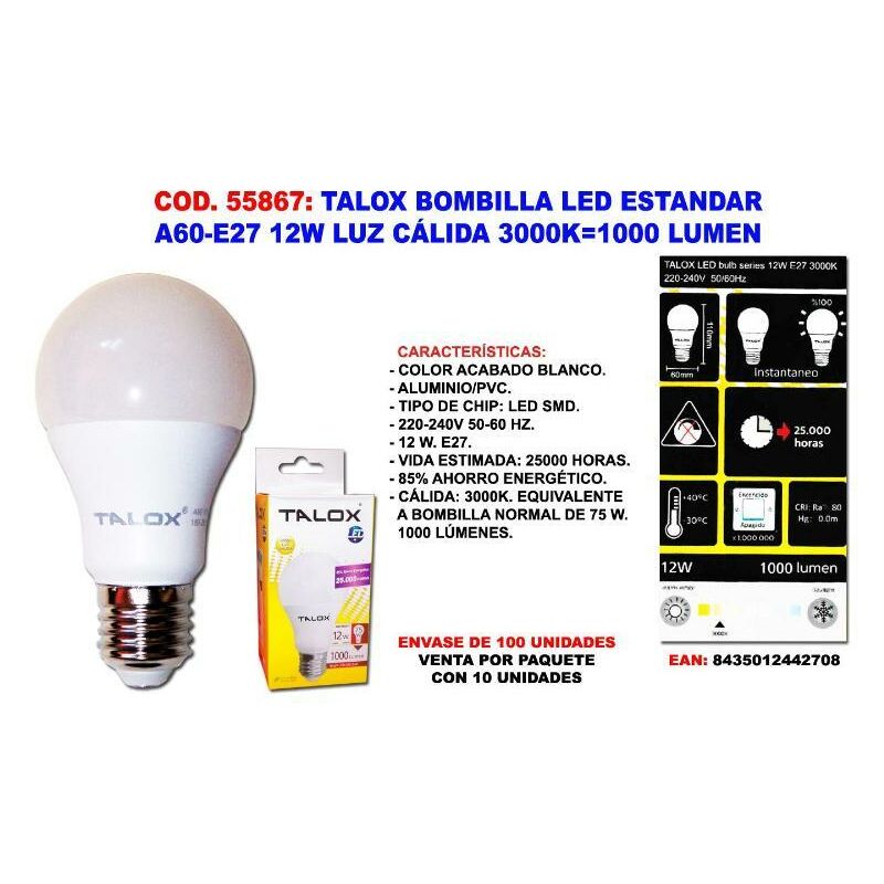 

MIBRICOTIENDA talox bombilla led estand a60-e27 12w l.calida 3000k 1000 lumen (caja 10 unidades)