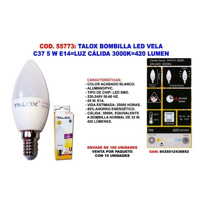 

MIBRICOTIENDA talox bombilla led vela c37 5w e14 l.calida 3000k 420 lumen (caja 10 unidades)