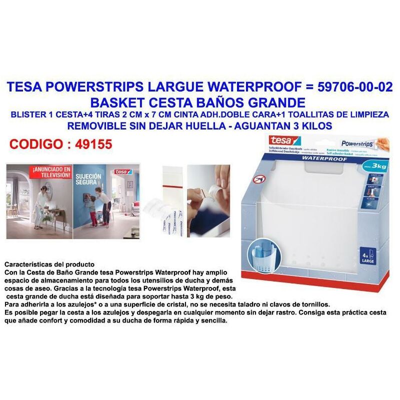 

tesa powerstrips largue waterprof cesta baños grande 59706-00-02 - Mibricotienda