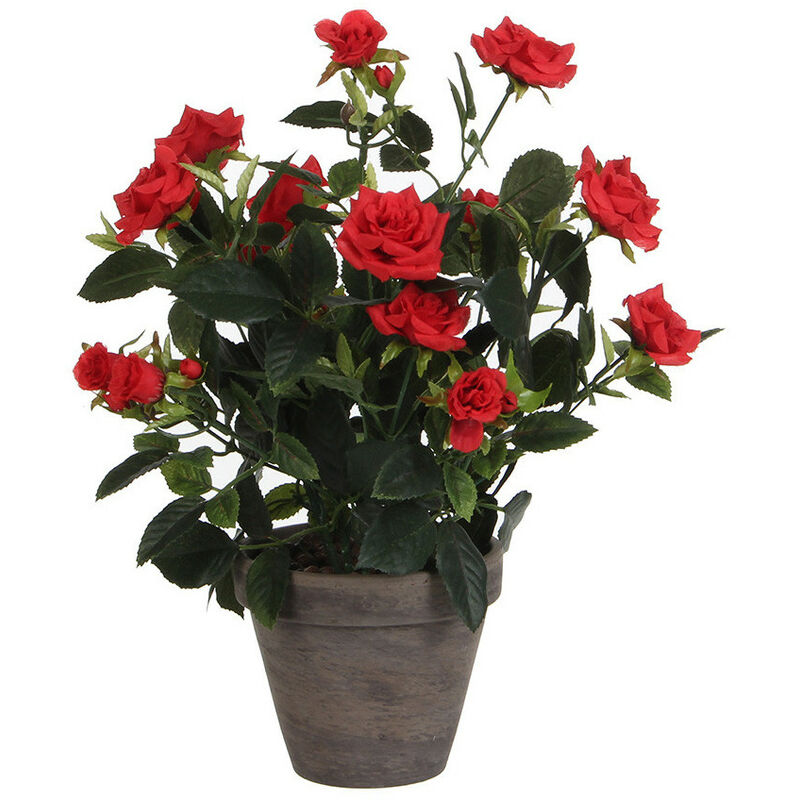 Mica Decorations - Rosier en pvc rouge dans un pot gris d11.5cm-h33xd25cm
