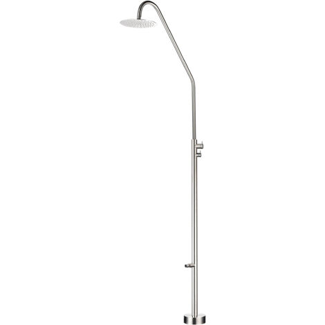 Mice - Ducha Exterior de Acero Inoxidable 316 para Piscina y Jardín, Rociador Redondo 25cm, 232cm Altura, con Grifo para Pies (Acero Cepillado)