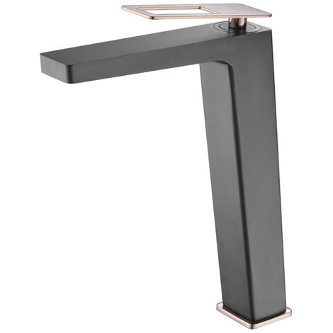 Mice - Grifo monomando de lavabo con caño alto - Grifos altos para lavamanos - Griferia de baño Color Negro Mate y Oro Rosa